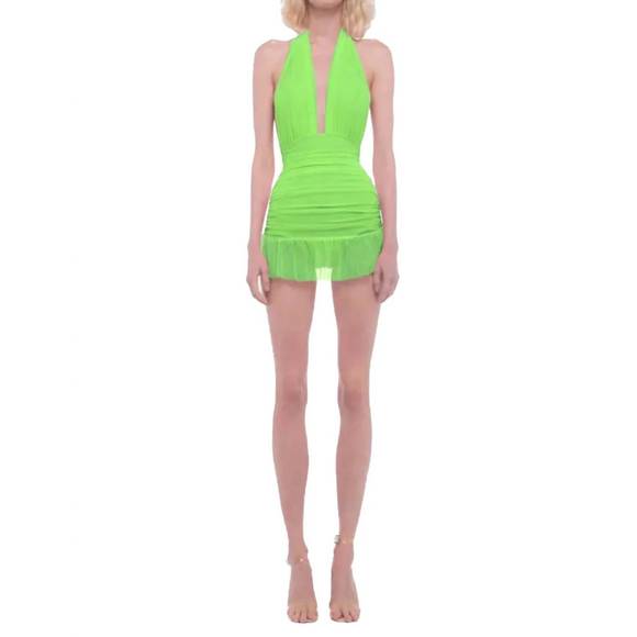 NEW NORMA KAMALI ruffle halter mio mini dress in neon green - Picture 1 of 2
